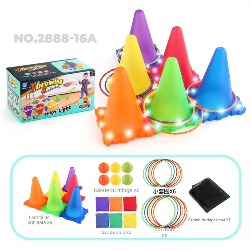 Ineluri de aruncat din plastic, în formă de corn de înghețată, pentru antrenament senzorial – luminoase în întuneric, trei în unu, potrivite pentru copii 4–6 ani (material: plastic; funcție: aruncare inele; vârstă: 4–6; luminoase în întuneric; trei în unu)