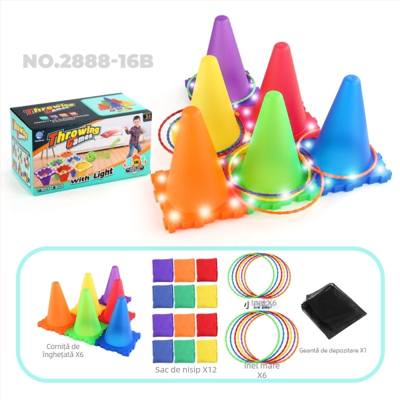 Ineluri de aruncat din plastic, în formă de corn de înghețată, pentru antrenament senzorial – luminoase în întuneric, trei în unu, potrivite pentru copii 4–6 ani (material: plastic; funcție: aruncare inele; vârstă: 4–6; luminoase în întuneric; trei în unu)