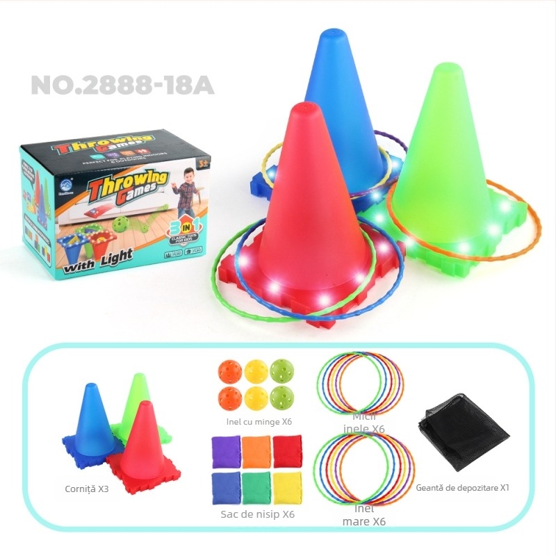 Ineluri de aruncat din plastic, în formă de corn de înghețată, pentru antrenament senzorial – luminoase în întuneric, trei în unu, potrivite pentru copii 4–6 ani (material: plastic; funcție: aruncare inele; vârstă: 4–6; luminoase în întuneric; trei în unu)