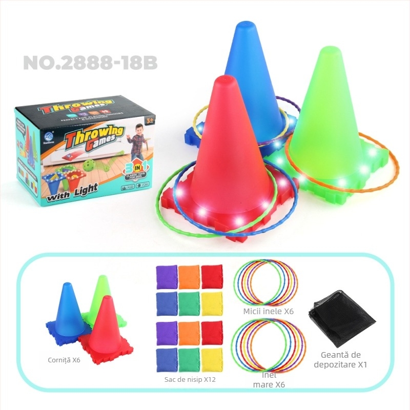 Ineluri de aruncat din plastic, în formă de corn de înghețată, pentru antrenament senzorial – luminoase în întuneric, trei în unu, potrivite pentru copii 4–6 ani (material: plastic; funcție: aruncare inele; vârstă: 4–6; luminoase în întuneric; trei în unu)