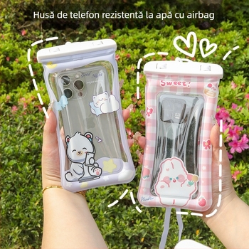 Husă impermeabilă pentru telefon cu ecran tactil, design desen animat, material PVC, construcție cu trei pliuri și airbag, șnur pentru gât