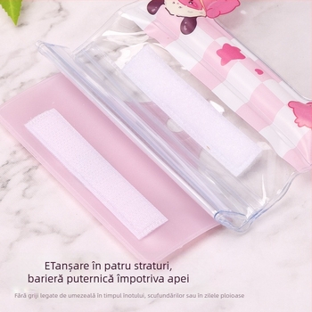 Husă impermeabilă pentru telefon cu ecran tactil, design desen animat, material PVC, construcție cu trei pliuri și airbag, șnur pentru gât