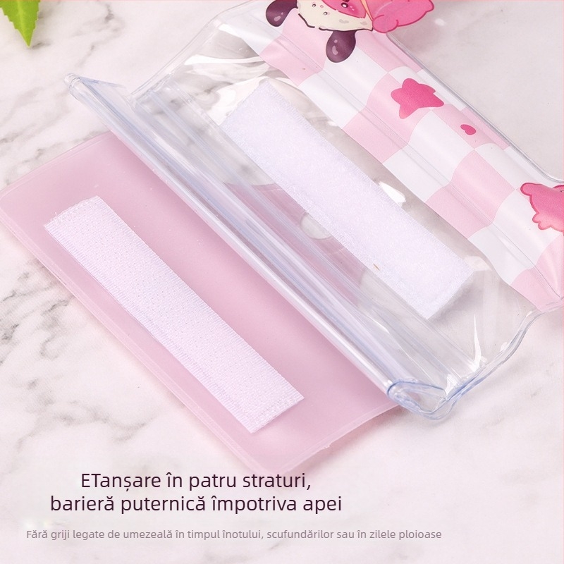 Husă impermeabilă pentru telefon cu ecran tactil, design desen animat, material PVC, construcție cu trei pliuri și airbag, șnur pentru gât