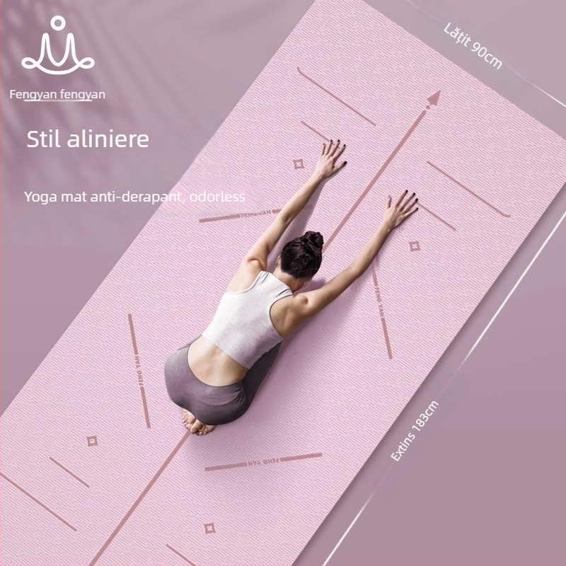 Covoraș de yoga din TPE cu linii de aliniere, absorbție a șocurilor, aderență anti-derapare, design îngroșat și mai lat