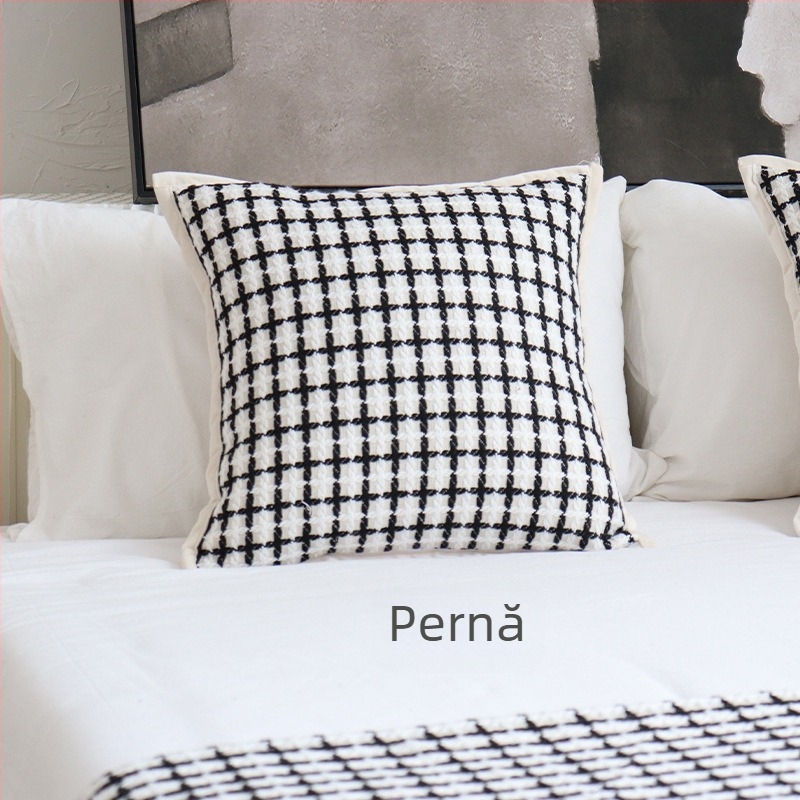 Cuvertură din bumbac pentru pat și pled pentru canapea, model în chevron de pește în nuanțe cafeniu-gri, set pentru încăpere-model cu pernă decorativă