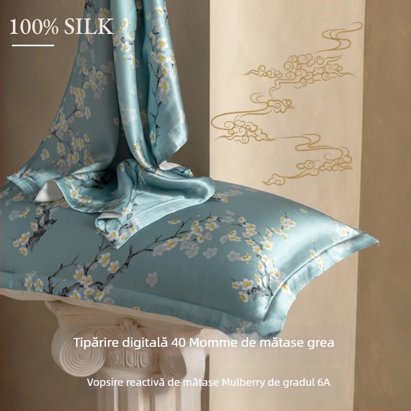 Set de două fețe de pernă din mătase Mulberry, 40 Momme, 100% mătase, imprimare reactive, stil lux lejer