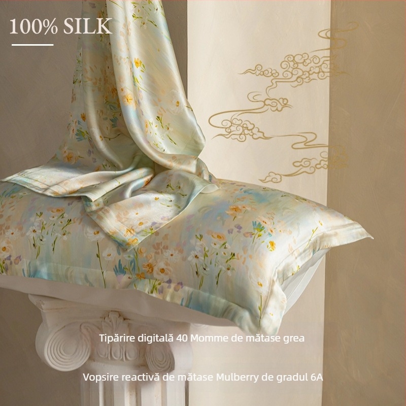 Set de două fețe de pernă din mătase Mulberry, 40 Momme, 100% mătase, imprimare reactive, stil lux lejer