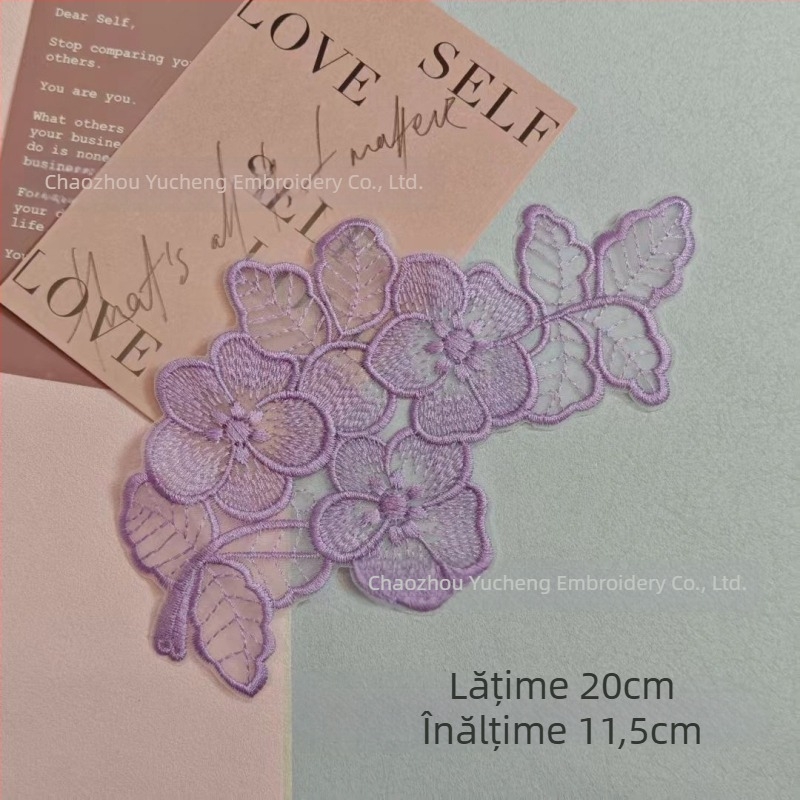 Aplicație brodată din dantelă pe organza pentru îmbrăcăminte — Material: organza; Utilizare: îmbrăcăminte; Brand: Yu Cheng embroidery