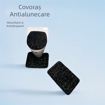 Set de covorașe de baie cu aspect pietre, 3 piese – absorbante, antiderapante, covor 3D pentru baie; material: poliester, textură embosată, lavabil la mașină