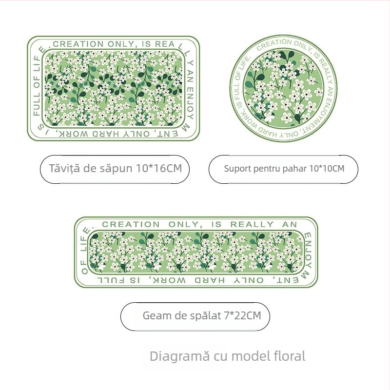Suport pentru pahare din diatomită și covoraș absorbant pentru chiuvetă, țesut mecanic, model cu plante, lavabil manual