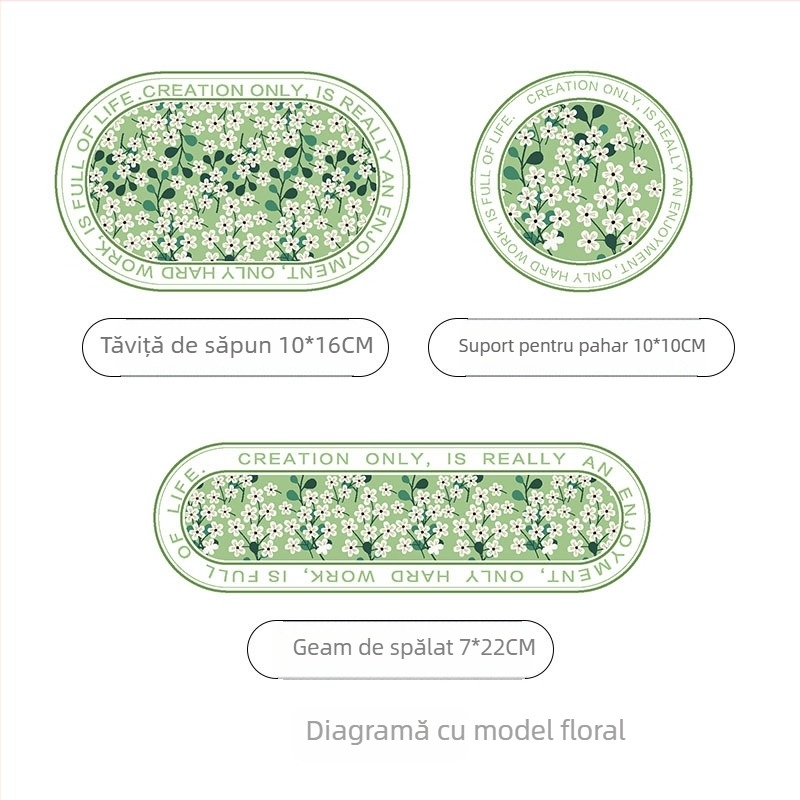 Suport pentru pahare din diatomită și covoraș absorbant pentru chiuvetă, țesut mecanic, model cu plante, lavabil manual