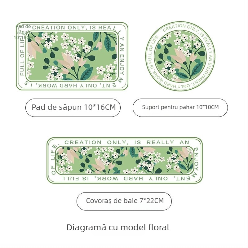 Suport pentru pahare din diatomită și covoraș absorbant pentru chiuvetă, țesut mecanic, model cu plante, lavabil manual