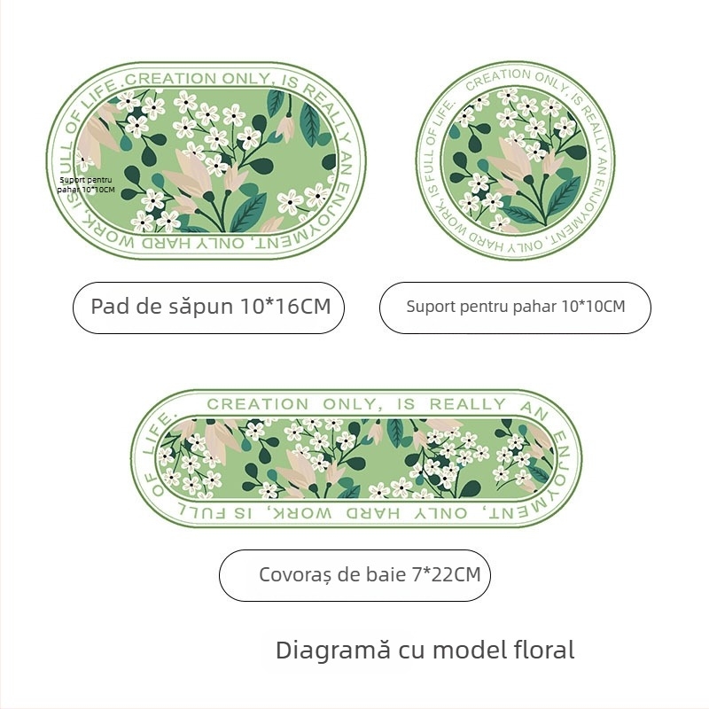 Suport pentru pahare din diatomită și covoraș absorbant pentru chiuvetă, țesut mecanic, model cu plante, lavabil manual