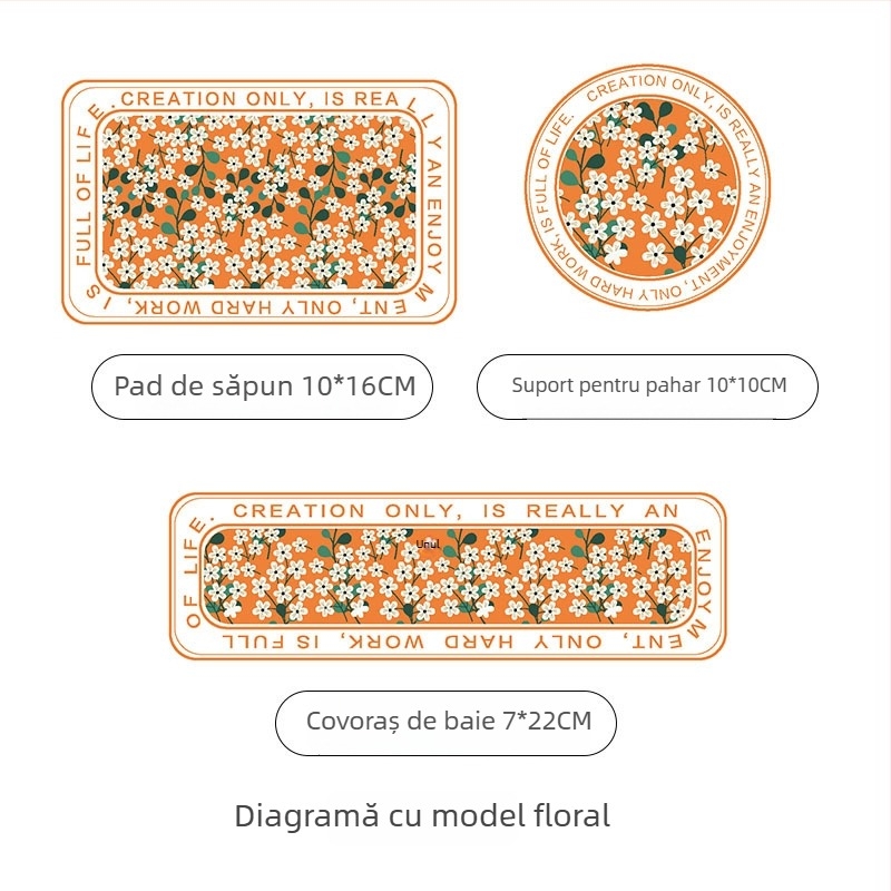 Suport pentru pahare din diatomită și covoraș absorbant pentru chiuvetă, țesut mecanic, model cu plante, lavabil manual
