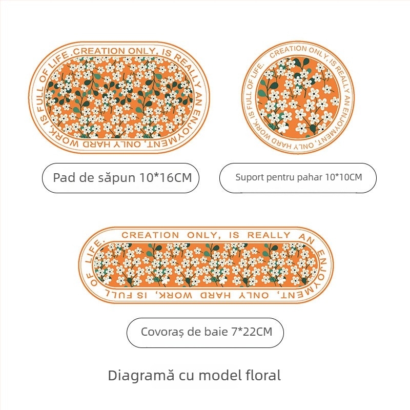 Suport pentru pahare din diatomită și covoraș absorbant pentru chiuvetă, țesut mecanic, model cu plante, lavabil manual