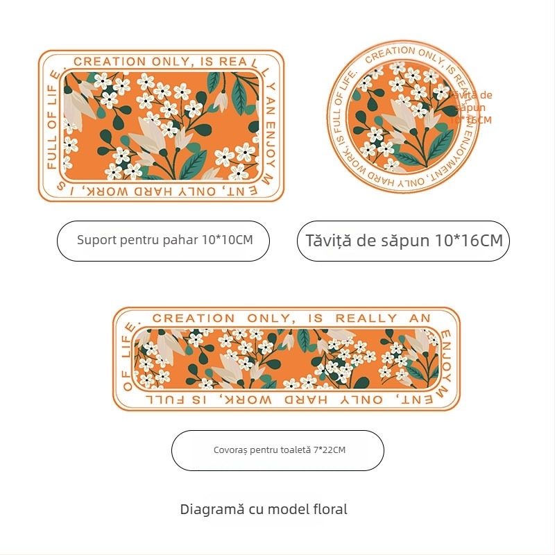 Suport pentru pahare din diatomită și covoraș absorbant pentru chiuvetă, țesut mecanic, model cu plante, lavabil manual