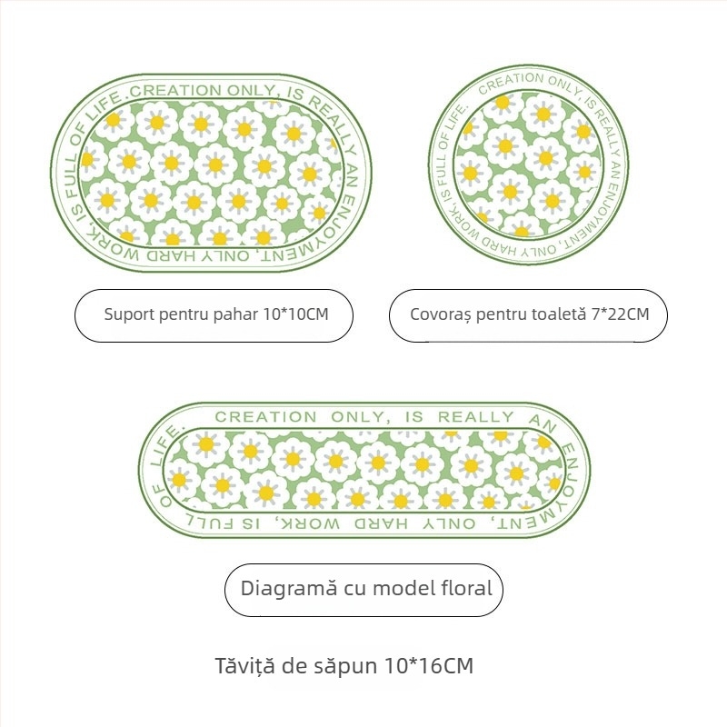Suport pentru pahare din diatomită și covoraș absorbant pentru chiuvetă, țesut mecanic, model cu plante, lavabil manual