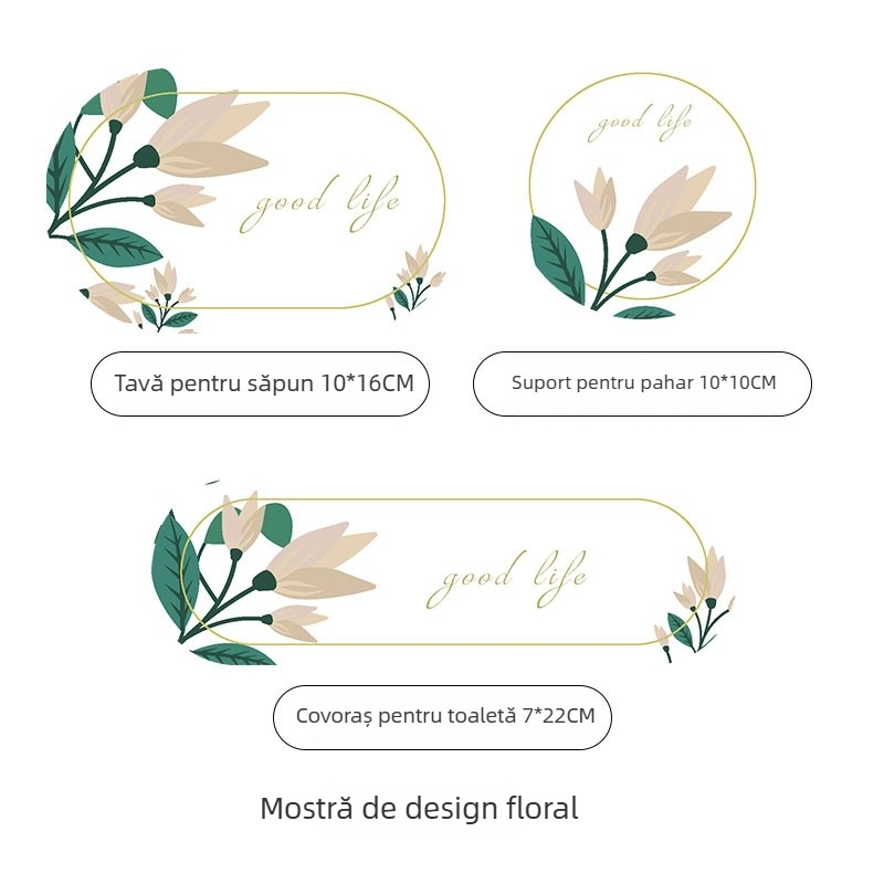 Suport pentru pahare din diatomită și covoraș absorbant pentru chiuvetă, țesut mecanic, model cu plante, lavabil manual