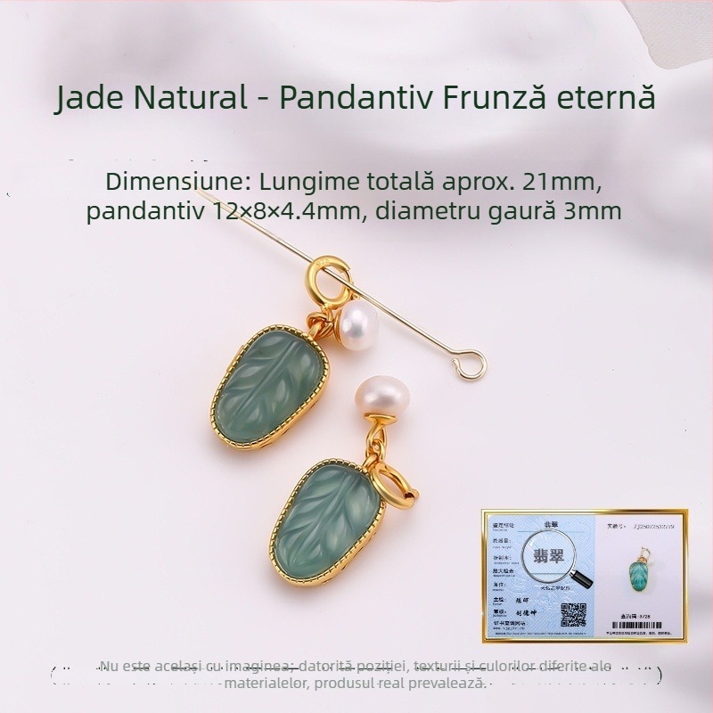 Hongma pandant jad, argint 925 placat cu aur, încrustat, unisex, în formă de frunză