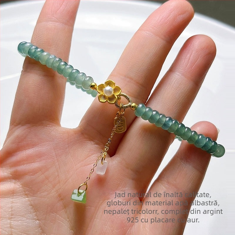 Brățară din jadit cu mărgele abac, luciu de tip gheață, argint 925 în stil chinezesc