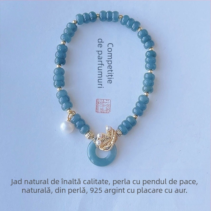 Brățară din jadit cu mărgele abac, luciu de tip gheață, argint 925 în stil chinezesc