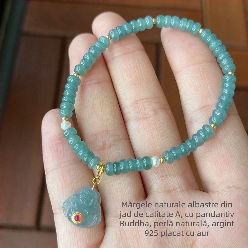 Brățară din jadit cu mărgele abac, luciu de tip gheață, argint 925 în stil chinezesc