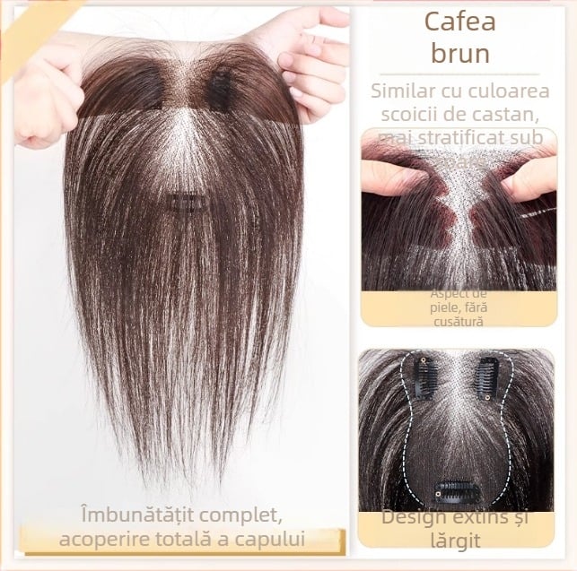 Topper pentru păr din păr uman, model F520, mecanism de atașare, păr drept, poate fi vopsit și ondulat