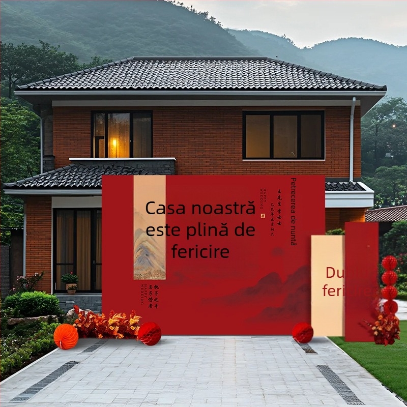 Fundal de nuntă în curte rurală, stil chinezesc, cu KT board și flori de mătase pentru zonă foto în aer liber (Material: flori de mătase; Tip balon: KT board; Formă: dreptunghi; Imprimare logo: Nu este posibil; Categorie: Balon)