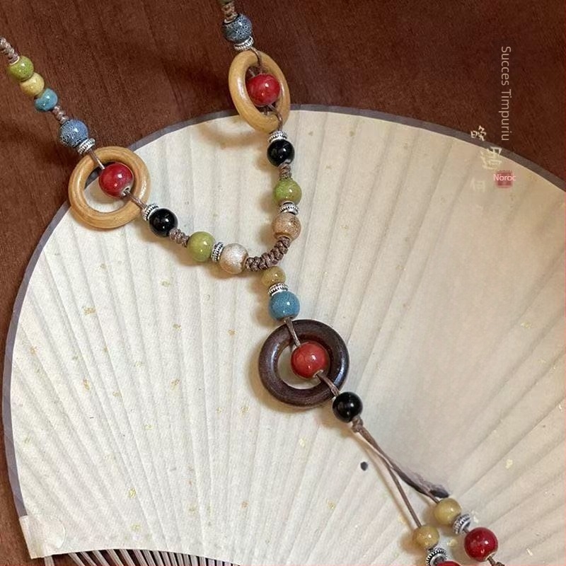 Colier geometric din ceramică, stil boem, tricotat manual