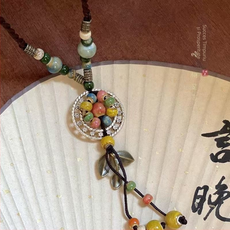 Colier geometric din ceramică, stil boem, tricotat manual