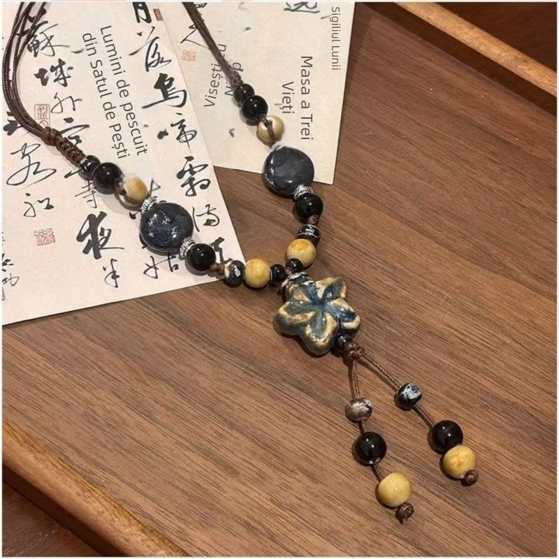 Colier geometric din ceramică, stil boem, tricotat manual