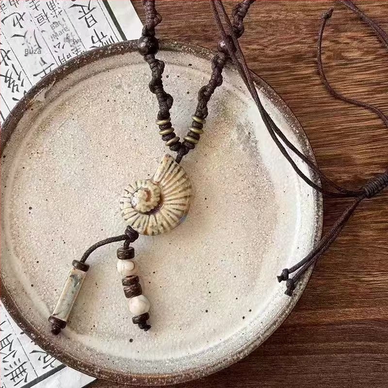 Colier geometric din ceramică, stil boem, tricotat manual