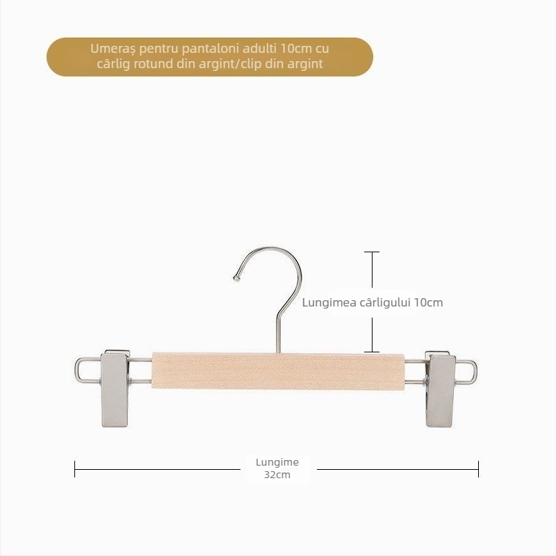 Umeraș pentru pantaloni din lemn cu cleme, stil modern minimalist, set de 2 bucăți, personalizare disponibilă, logo imprimat