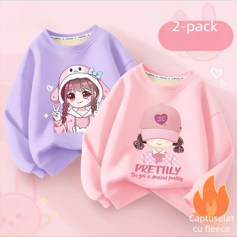 Hanorac pentru copii cu căptușeală din fleece, mâneci lungi, stil pulover, model desene animate, căptușeală din lână