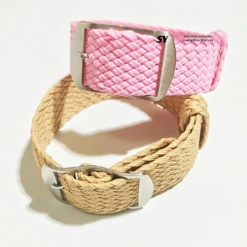 Brățară de ceas din nailon țesut — țesătură răsucită, cataramă din oțel inoxidabil mat argintiu; marca Instantaneous jump strap.