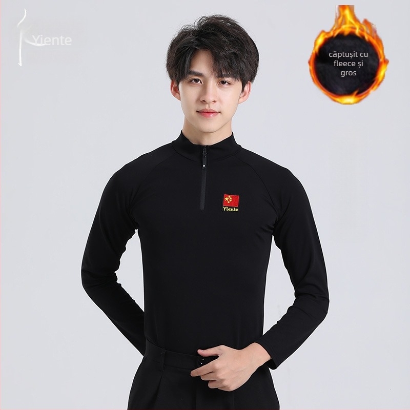 Top masculin de dans latino, mâneci lungi cu fleece, țesătură din fibre de bambus, amestec cu bumbac 90–95%, Yant