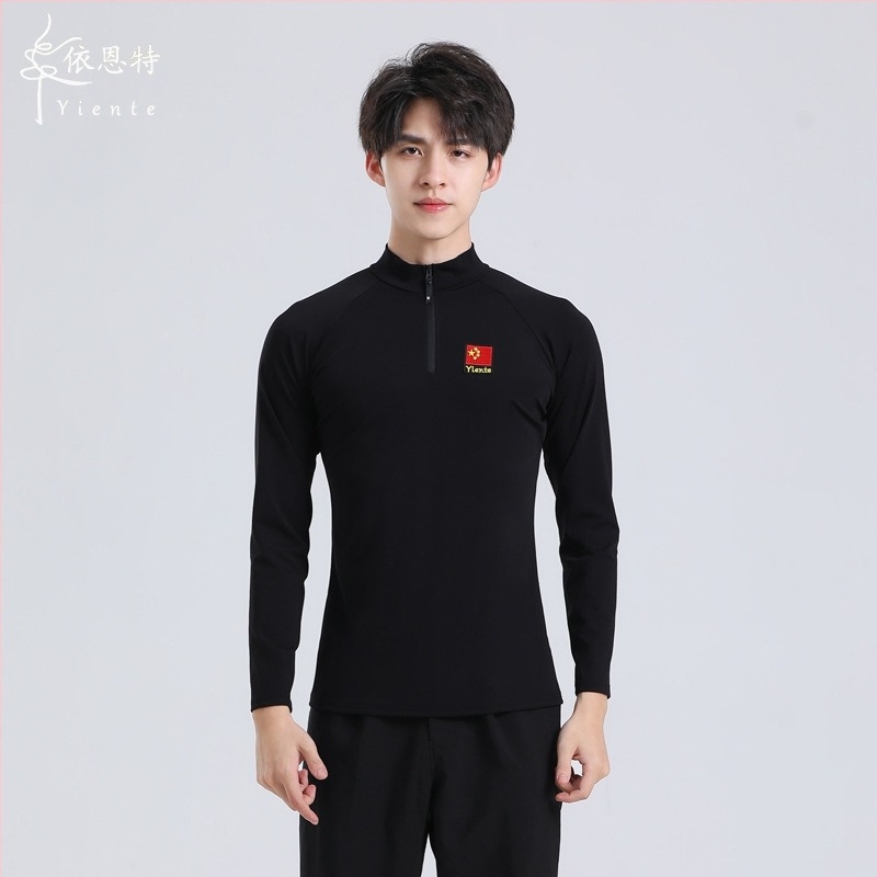 Top masculin de dans latino, mâneci lungi cu fleece, țesătură din fibre de bambus, amestec cu bumbac 90–95%, Yant