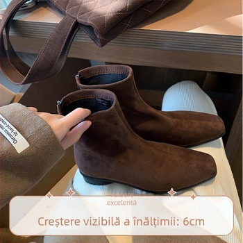 Cizme Martin pentru femei în stil retro coreean, vârf pătrat, velur, toc gros 6–8 cm, fermoar pe spate