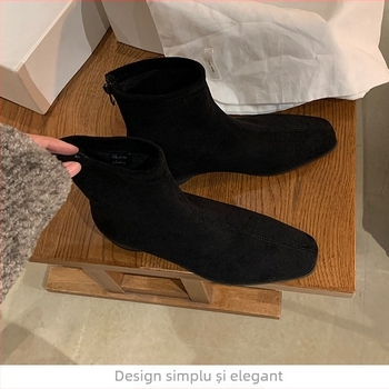 Cizme Martin pentru femei în stil retro coreean, vârf pătrat, velur, toc gros 6–8 cm, fermoar pe spate