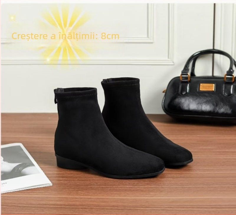 Cizme Martin pentru femei în stil retro coreean, vârf pătrat, velur, toc gros 6–8 cm, fermoar pe spate