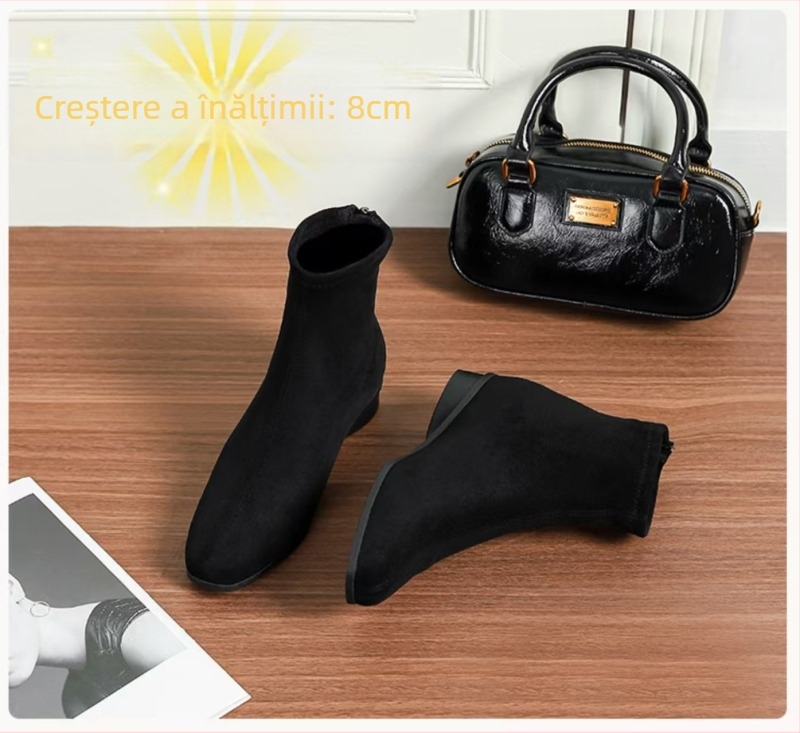 Cizme Martin pentru femei în stil retro coreean, vârf pătrat, velur, toc gros 6–8 cm, fermoar pe spate