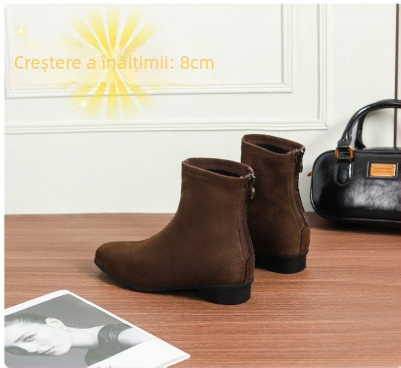 Cizme Martin pentru femei în stil retro coreean, vârf pătrat, velur, toc gros 6–8 cm, fermoar pe spate