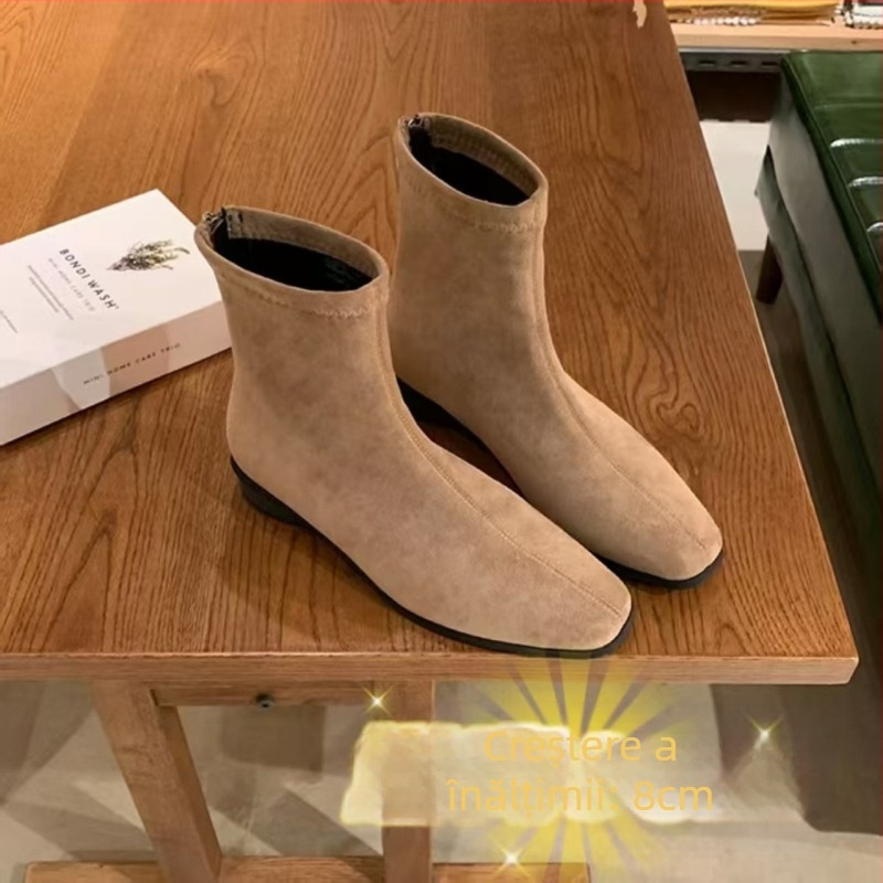 Cizme Martin pentru femei în stil retro coreean, vârf pătrat, velur, toc gros 6–8 cm, fermoar pe spate