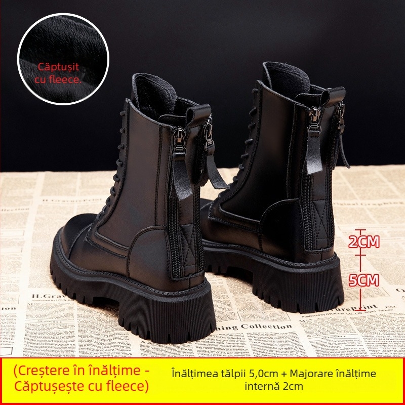 Cizme Martin pentru femei, talpă groasă, partea superioară din piele de vițel în două straturi, talpă din cauciuc, branț din latex, toc înalt 6–8 cm, stil coreean