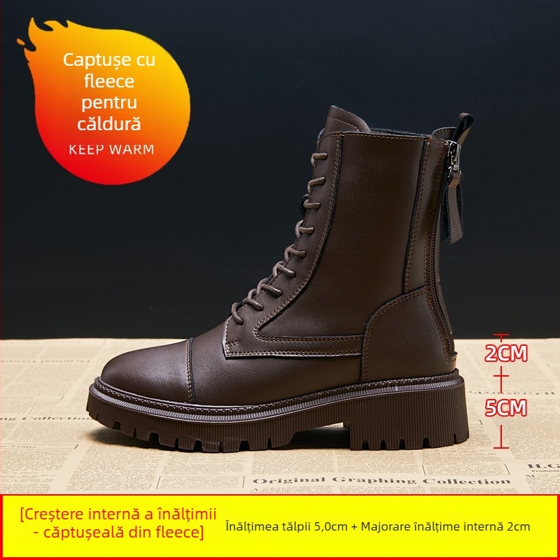 Cizme Martin pentru femei, talpă groasă, partea superioară din piele de vițel în două straturi, talpă din cauciuc, branț din latex, toc înalt 6–8 cm, stil coreean