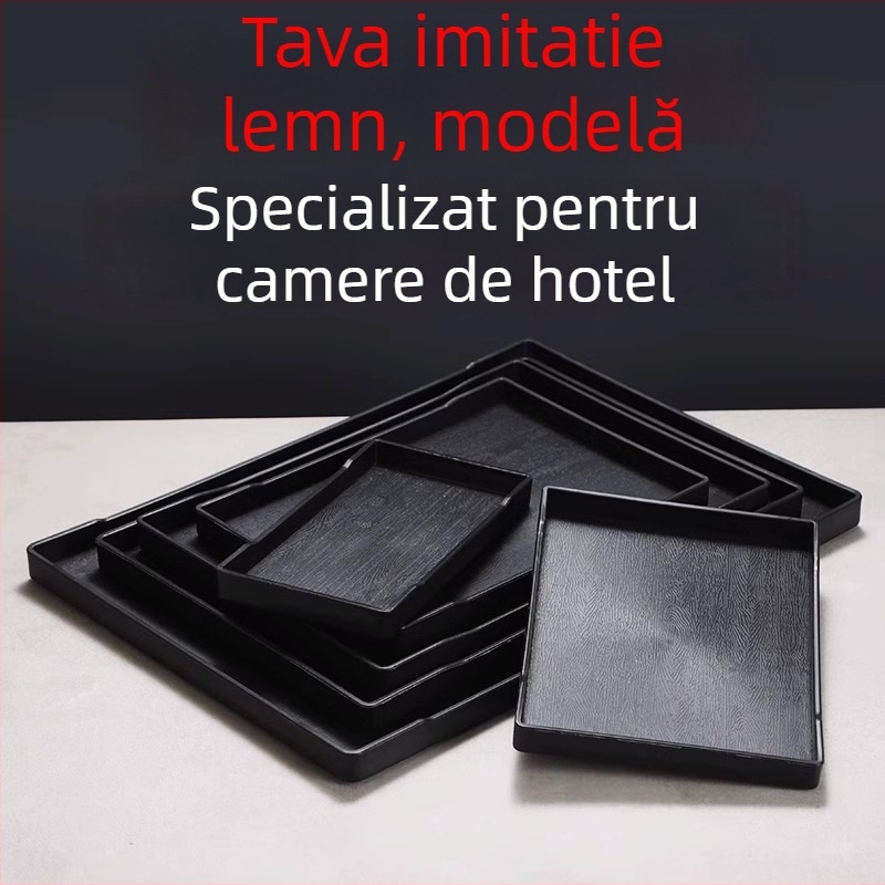 Tavă pentru hotel - plastic PP, stil lemn imitatie, dreptunghiulară, antiaderentă, pentru pahare și depozitare de produse de igienă, cu logo imprimat