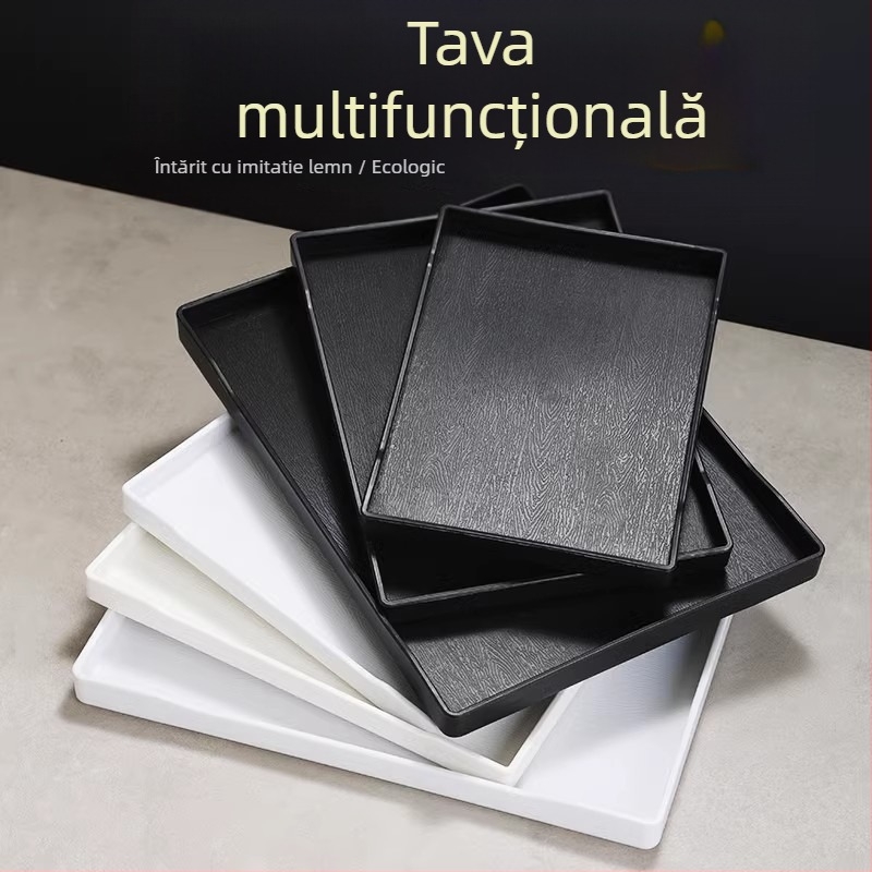 Tavă pentru hotel - plastic PP, stil lemn imitatie, dreptunghiulară, antiaderentă, pentru pahare și depozitare de produse de igienă, cu logo imprimat