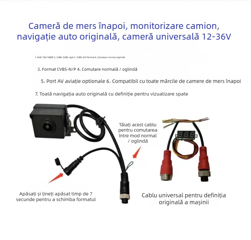 Cameră de vedere înapoi pentru camion, patru canale, AHD, unghi larg 180°, 1080P/720P, vizibilitate nocturnă color