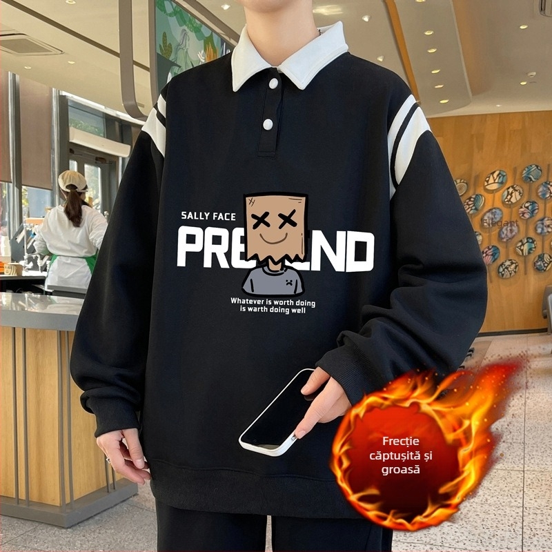 Pulover polo cu guler tip polo, căptușeală fleece și strat interior de lână, mâneci lungi, croială lejeră, pentru iarnă