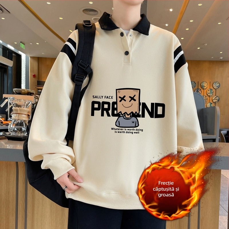 Pulover polo cu guler tip polo, căptușeală fleece și strat interior de lână, mâneci lungi, croială lejeră, pentru iarnă